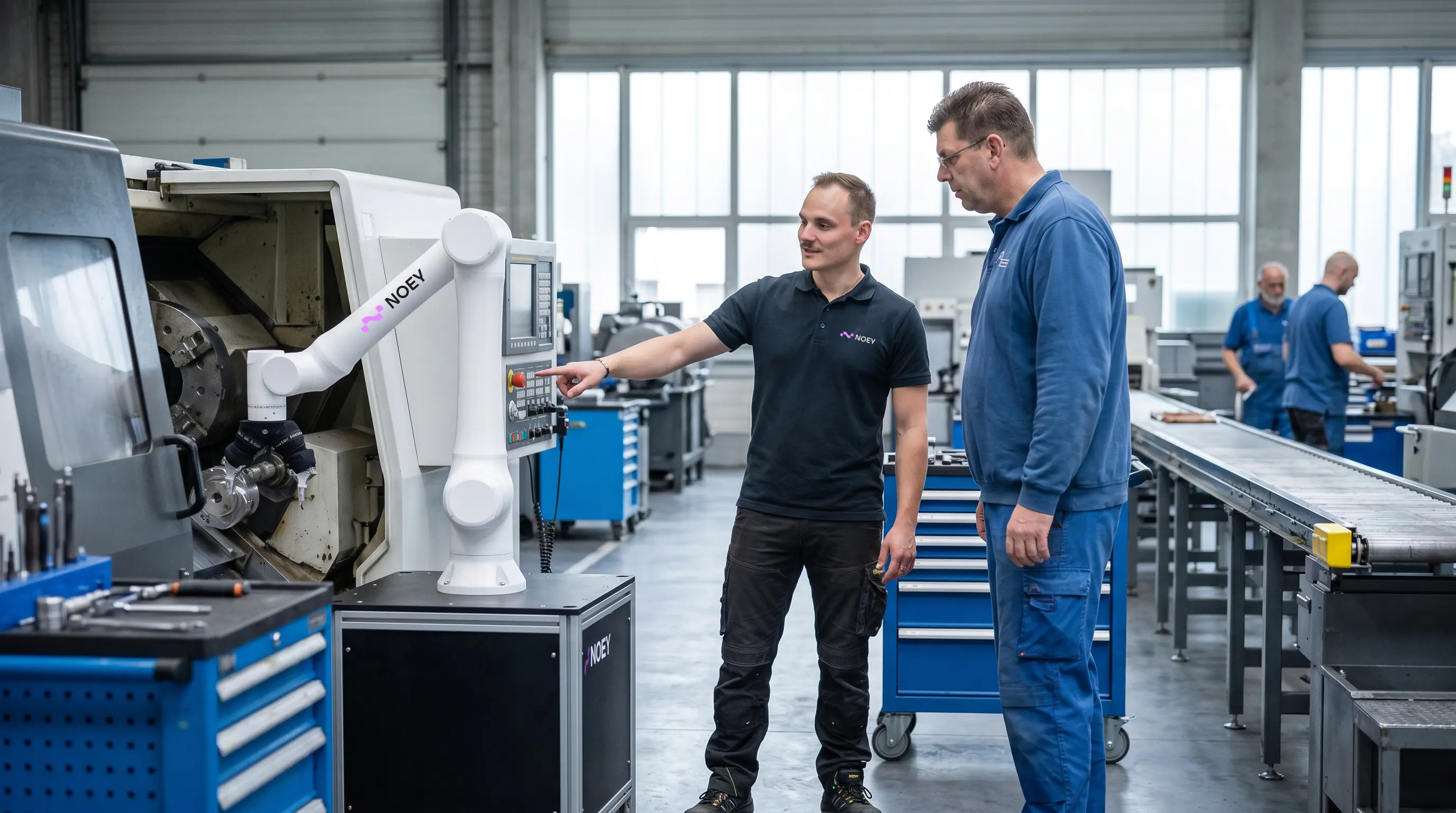 Noey-Team demonstriert den Roboter an einer Werkzeugmaschine
