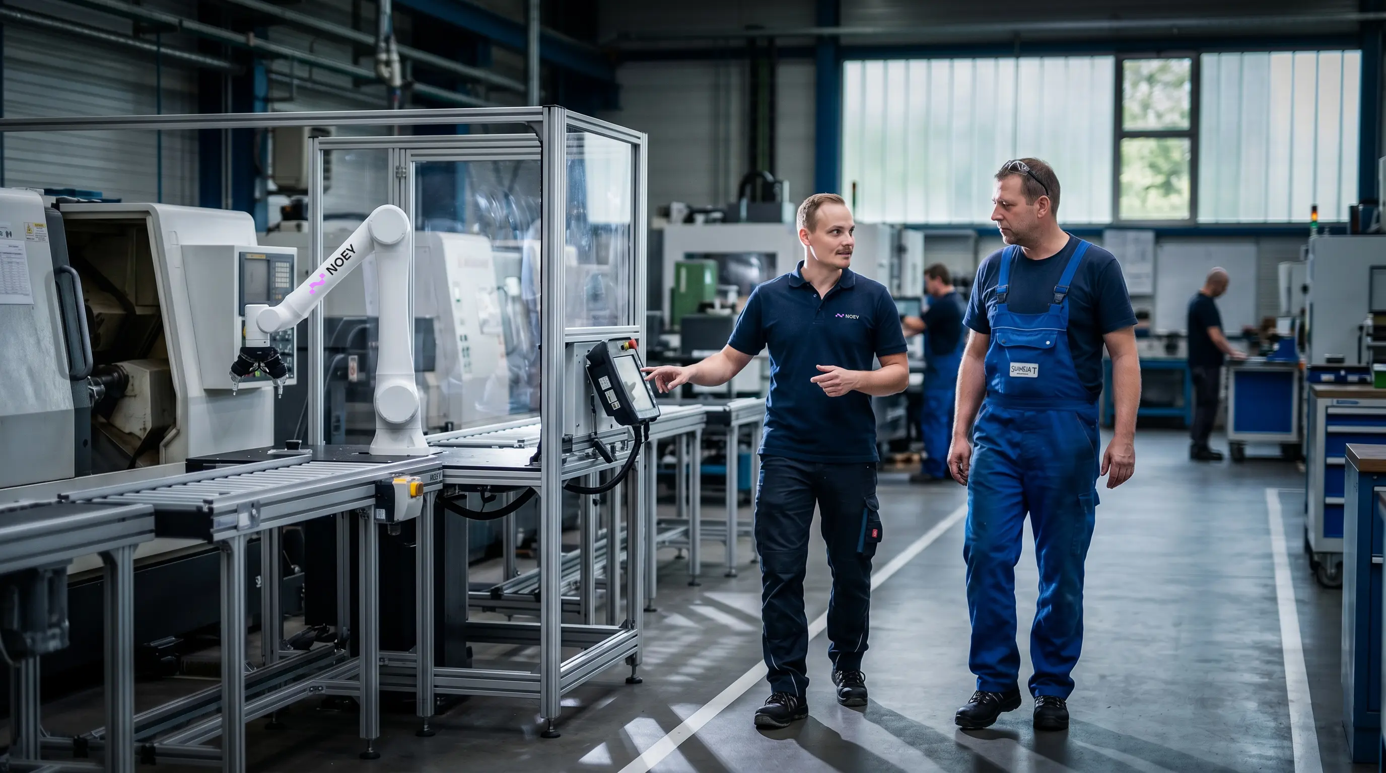 Noey-Team demonstriert den Roboter an der Maschine in der Produktion